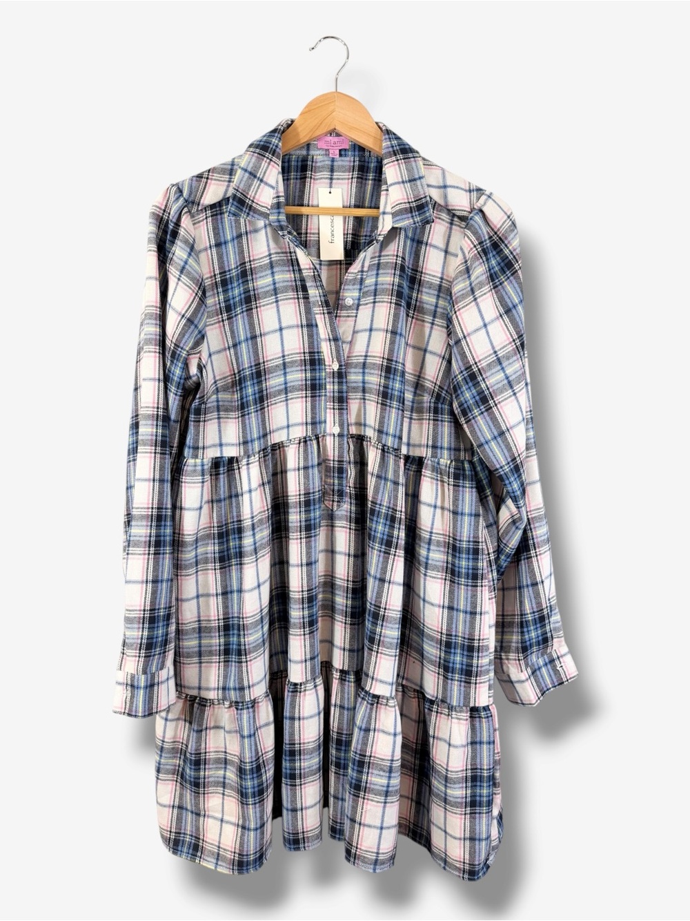 Francesca’s Blue Plaid Flannel Shirt Dress Size L Tiered Long Sleeve Mi Ami